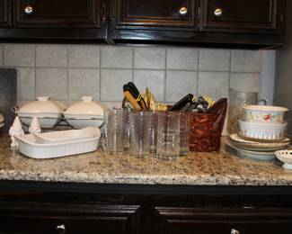 Covered serviing dishes, Pitcher, Utensils