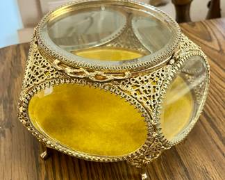 Vintage Gold Filigree Beveled Glass Jewelry Box