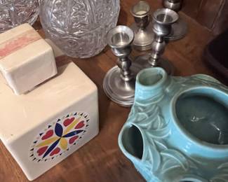 assorted glass, pottery and pewter
