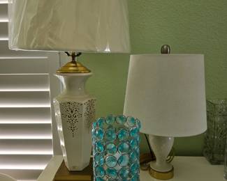 Big lamp left - $40. Small lamp right - $15. Blue lamp foreground - $5