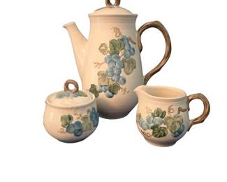Metlox Poppy Trail Sculptured Grape Tea Set Includes a Teapot Creamer and Sugar Bowl
