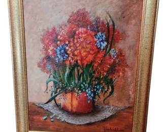 Oil on Canvas Flowers in Oranges and Blues