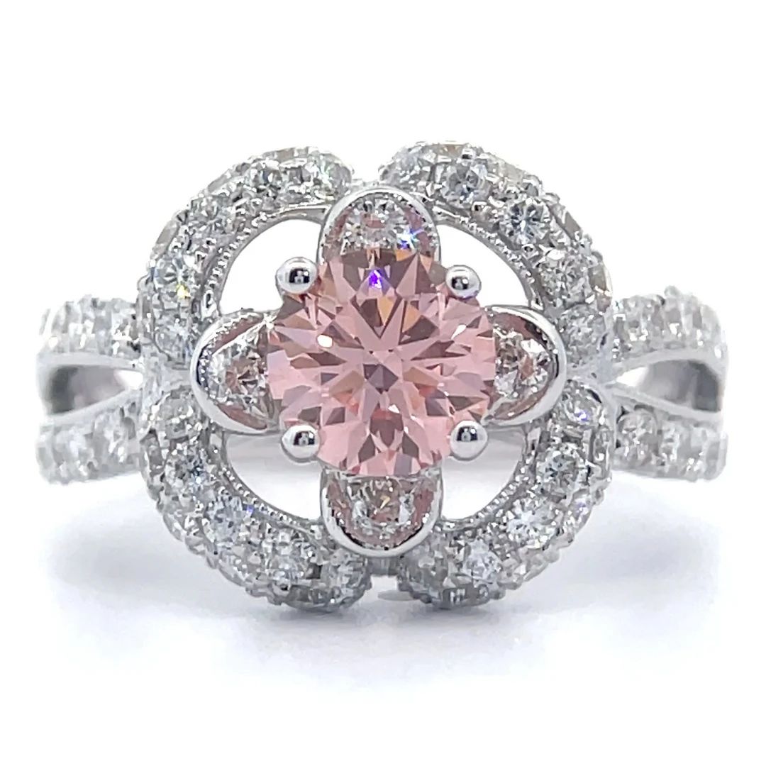 NEW! 2.26 Carat Fancy Pink & White Diamond Pavé Flower Halo Split Shank Ring in 18k White Gold