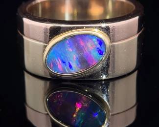 1.36 Carat Beautiful Australian Black Opal Modern Wide Band Ring in 14k Two-Tone Gold