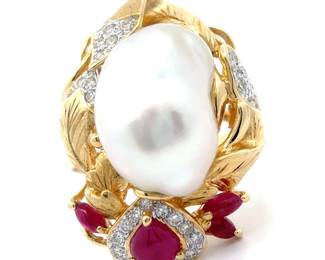 Baroque Cultured South Sea Pearl 1.27 Carat Ruby & Natural Diamond Free Form Ring in 18k Yellow Gold