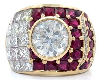 8.24 Carat Ruby & Natural Diamond Bezel Pavé Dome Ring in 18k Yellow Gold