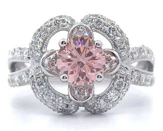 NEW! 2.26 Carat Fancy Pink & White Diamond Pavé Flower Halo Split Shank Ring in 18k White Gold