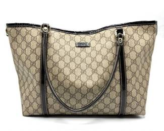 Gucci GG Canvas Eclipse Tote Bag with Black Patent Leather Trim; Pre-Owned