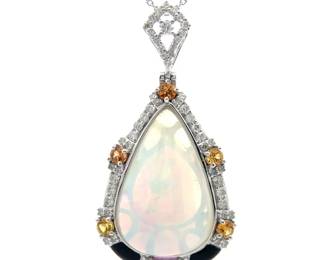 16.87 Carat Opal, Corundum & Natural Diamond Pear Halo Pendant in Platinum
