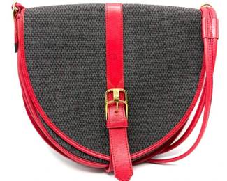 Yves Saint Laurent Red Leather Trimmed Canvas Saddle Bag with Gold Buckle Accent; Pre-Owned