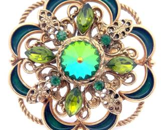 Mystic Topaz & Green Gemstone Enamel Filigree Flower Brooch/Pin