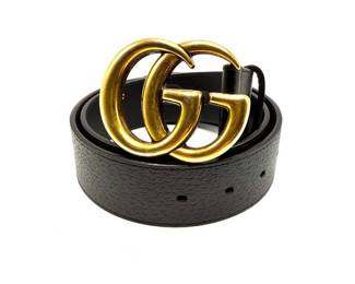 Gucci Black Leather GG Marmont Belt with Antique Gold Buckle (Size 80/32, US Size 30); Pre-Owned
