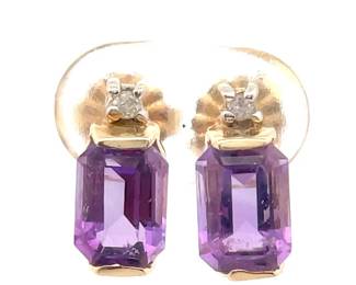 Emerald Cut Amethyst & Natural Diamond Two-Stone Drop Earrings in 14k Yellow Gold