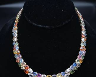 86.84 Carat Natural Sapphire & Natural Diamond Double Row Necklace in 14k Yellow Gold