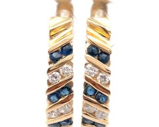 Natural Diamond & Blue Sapphire Two-Stone Channel Hoop Earrings in 14k Yellow Gold