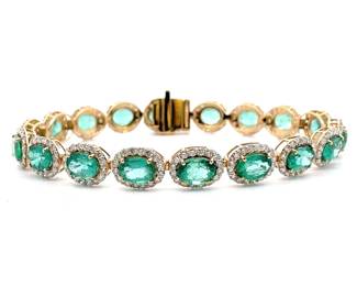 NEW! Oscar Friedman 15.17 Carat Oval Emerald & Natural Diamond Halo Bracelet in 14k Yellow Gold