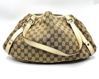 Gucci GG Canvas D-Ring Hobo Bag with Ivory Leather Trim and Strap Detail; Pre-Owned