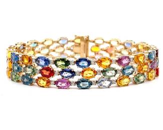 42.25 Carat Natural Sapphire & Natural Diamond Triple Row Bracelet in 14k Yellow Gold
