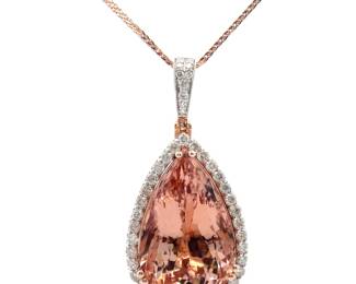 NEW! Oscar Friedman 18.42 Carat Morganite & Natural Diamond Halo Pear Pendant Necklace in 14k Rose Gold