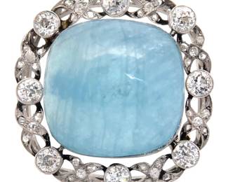 35.67 Carat Natural Aquamarine & Pavé Natural Diamond Brooch in Platinum