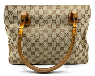 Gucci GG Canvas Bamboo Handle Tote Bag with Tan Leather Trim; Pre-Owned