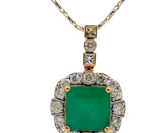 Oscar Friedman 8.60 Carat Emerald & Natural Diamond Halo Drop Pendant in 14k Yellow Gold