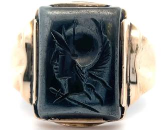 Men's Vintage Cabochon Tablet Carved Hematite Gladiator Ring in Yellow Gold