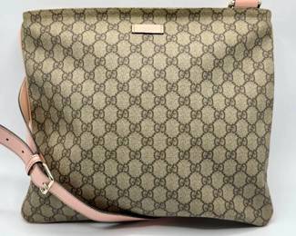 Gucci GG Canvas Crossbody Bag with Light Pink Leather Trim and Adjustable Strap; Pre-Owned