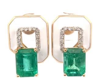 3.96 Carat Emerald & Natural Diamond, Mother-of-Pearl Art Deco Earrings in 14k Yellow Gold