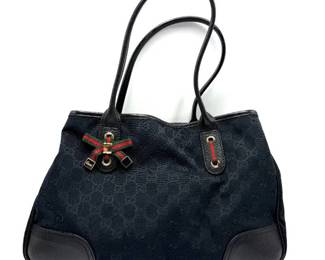 Gucci GG Canvas Charm Tote Bag with Black Leather Trim and Web Bow Accent; Pre-Owned