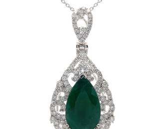 NEW! Oscar Friedman Pear 5.77 Carat Emerald & Natural Diamond Halo Lace Pendant in Platinum