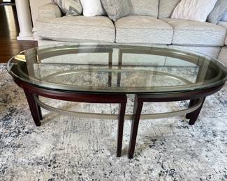 Oval glass topped coffee table 47" x 31" x 18"H $250