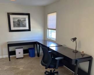 Obviously, the framed picture on the wall is a good choice, but sure, look at the desk, too.