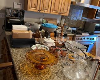 Also in the kitchen are a few serving dishes, some made of glass.