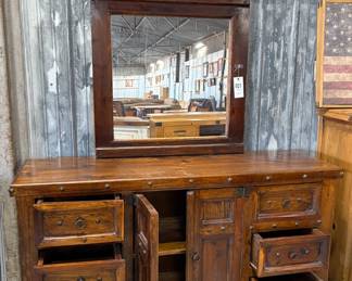 Lot 115- Dark Stained Wooden Dresser with Matching Mirror