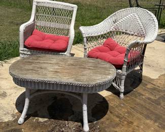 Lot 184- White Wicker Patio Furniture