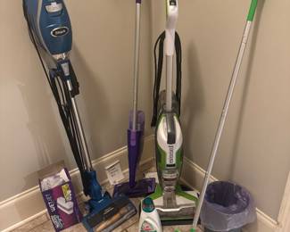 Bissell Mean Green, Shark Vacuum, stiffer mop, small gray trash can