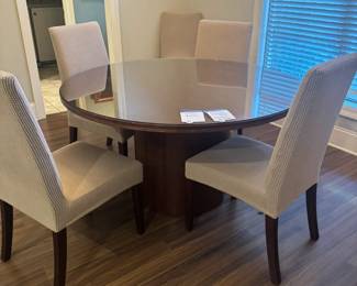 Dining Table with Barrel stand, custom glass top, 8 parsons chairs sold separately