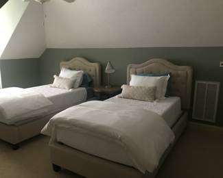 Twin Beds - padded headboard and frame, twin size 10" foam mattress, sheets, blankets, coverlets.