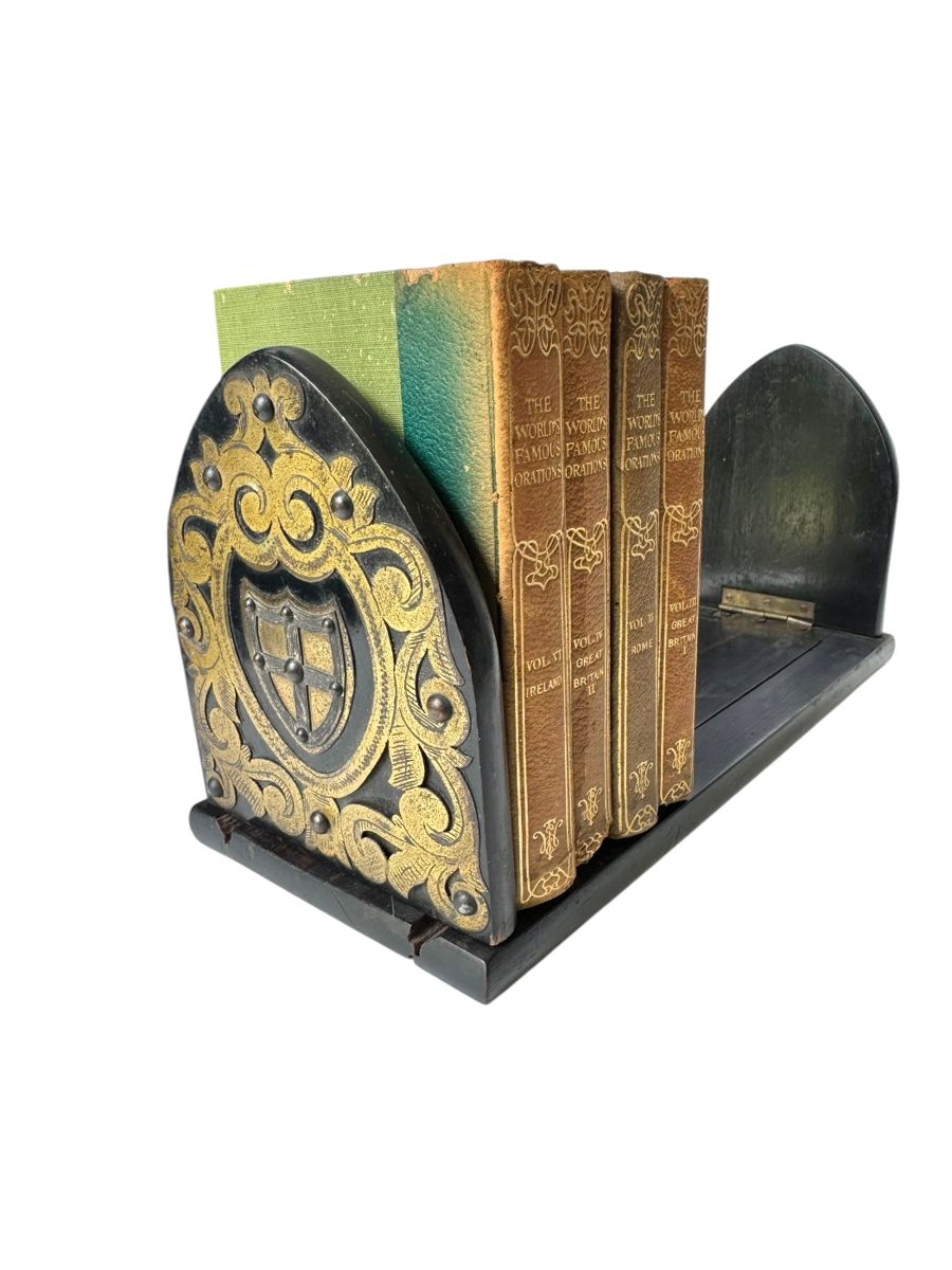 Antique Gothic Style Wooden Sliding Book Holder & 1900’s Book Set