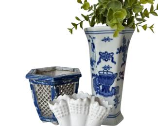 Antique Reticulated Cricket Cage & Vases