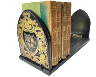 Antique Gothic Style Wooden Sliding Book Holder & 1900’s Book Set