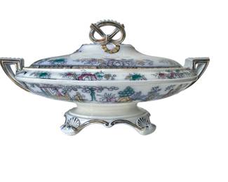 Chinoiserie Polychrome Transferware Ironstone Figural Covered Soup Tureen