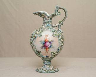 Antique Japanese style heavy moriage hand painted porcelain ewer