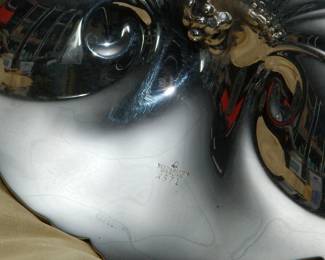 Closeup of sterling silver Reed & Barton Francis I large shell shaped footed serving dish, date stamp for 1951
