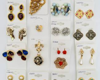 Earrings and pins from Crown Trifari, Carol Dauplaise, Trifari, Monet, Krementz, Coro, Liz Claiborne, Napier, Marvella, Winard, Swarovski