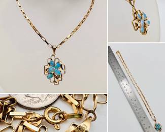 14k yellow gold pendant chain necklace, the pendant set with modernist frame, leaves, and a cluster of opals