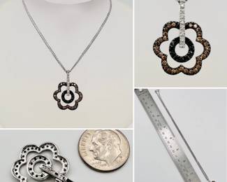 Le Vian 18K white gold and tri-color diamond necklace, the pendant an open flower petal shape in champagne diamonds, with an inner ring of 11 black diamonds hanging from a bar/hidden bail of 9 white diamonds. 1990s vintage.