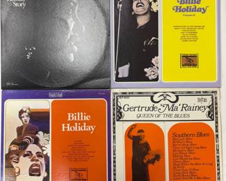 Vintage record albums, vinyl LPs: The Billie Holiday Story; Billie Holiday Vol. II; Billie Holiday / Archive of Folk & Jazz Music (Everest Records); Gertrude "Ma" Rainey / Queen Of The Blues Volume 3