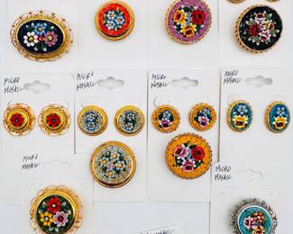 Charming micromosaic bracelet, brooches, and earrings with brooch sets